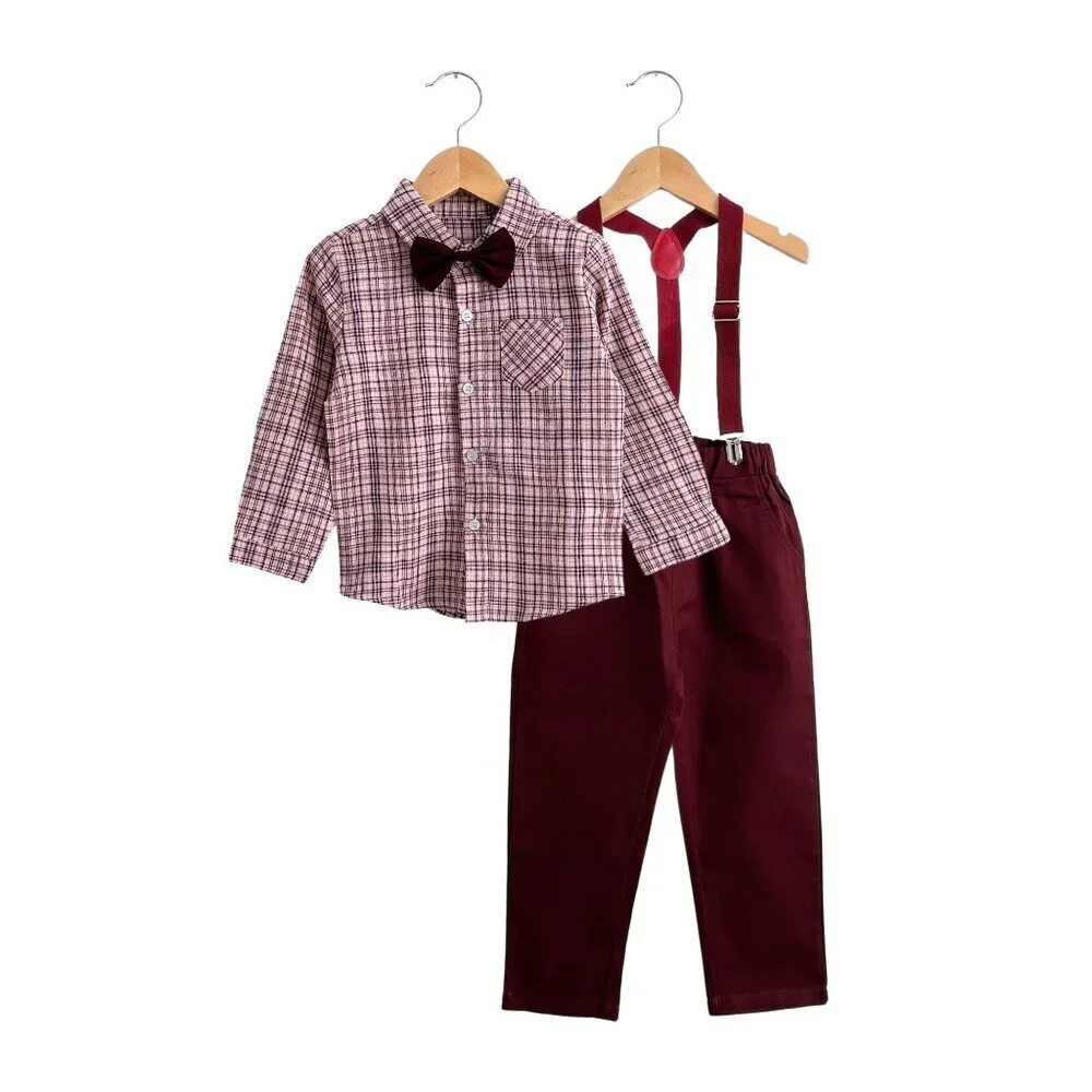 NWT Handsome Boys Dress Shirt, Bow Tie, Pants & Suspenders Set Burgundy 6-9M